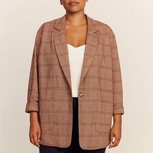 J.Jill One Button Auburn Red‎ Plaid Blazer Jacket Preppy Fall Lightweight Sz 16